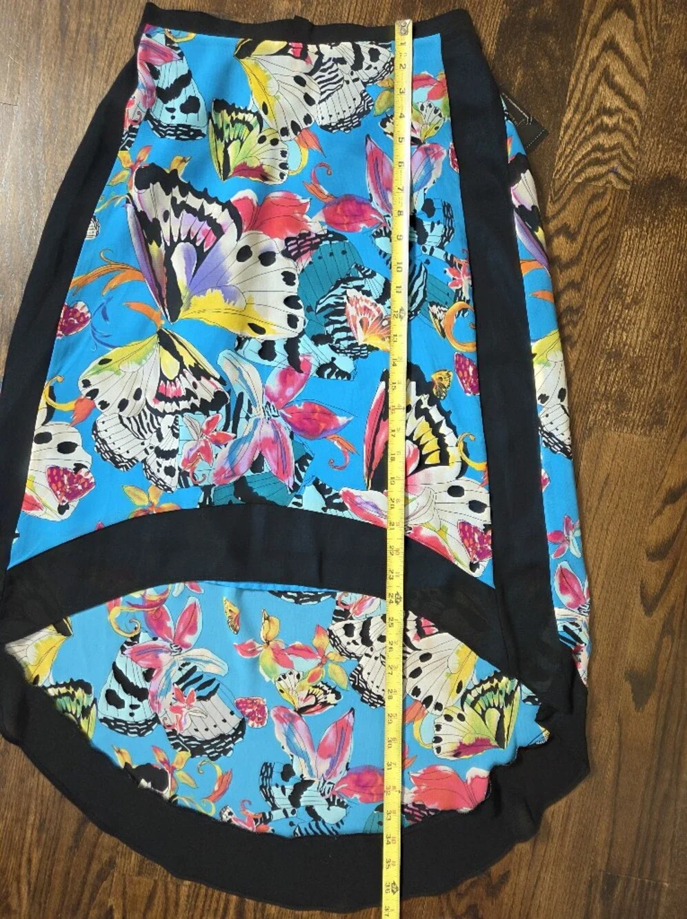 Nicole Miller Blue Butterfly Print High-Low Skirt with Black Trim